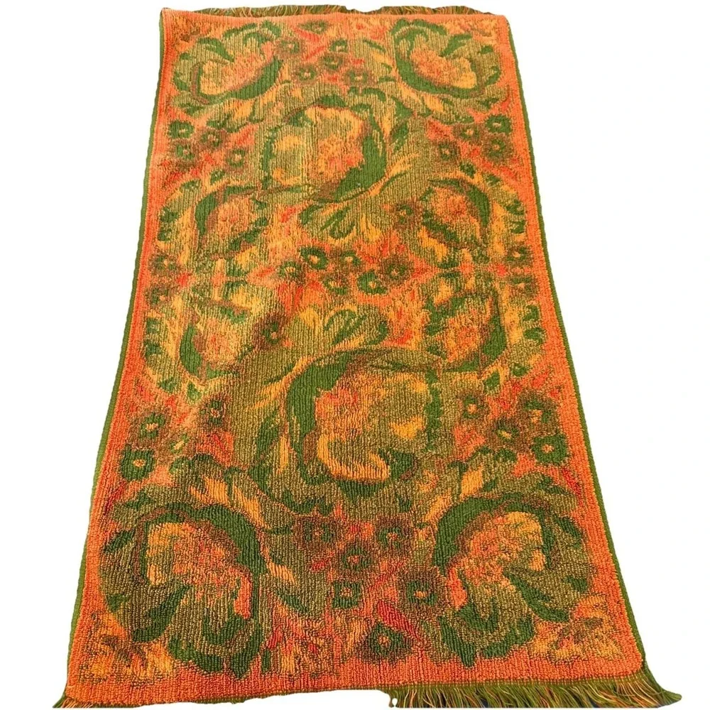 VTG Fieldcrest Orange Green Poppies 3 Towel Set Bath, Hand Towel and Washcloth